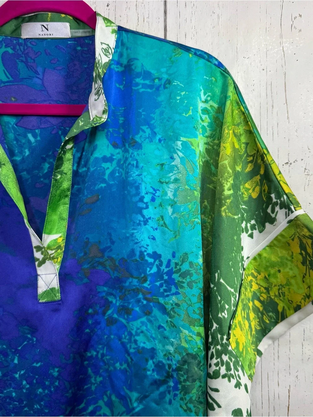 Natori Blue Green Abstract Swim Cover Up Size L Resort Beach Pool Dolman Sleeve